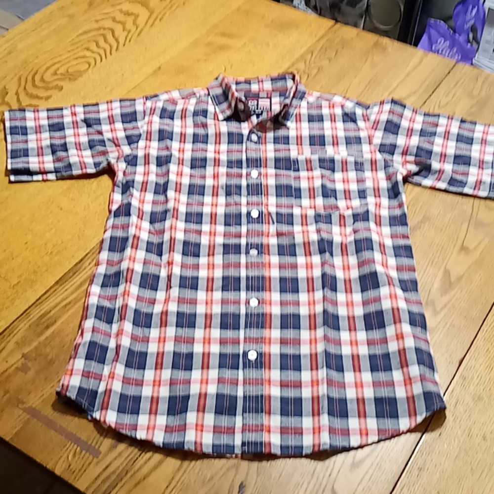 PHAT FARM Mens MEDIUM Preowned Used Plaid RED BLUE Short Sleeves Casual Work